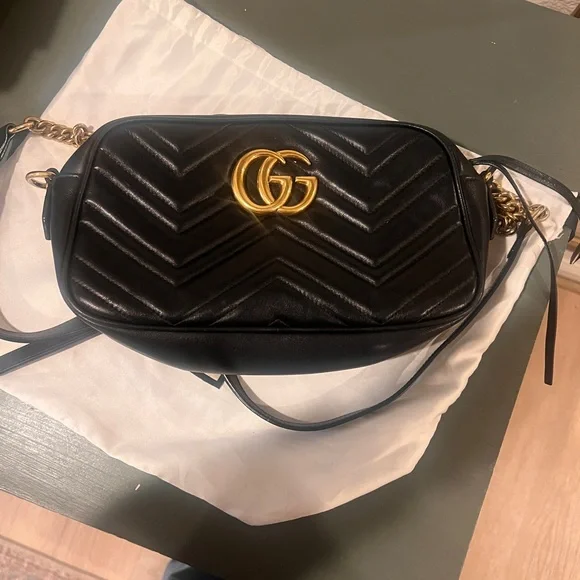 Gucci Black Marmoth Leather Crossbody with Gold Logo - Picture 1 of 8